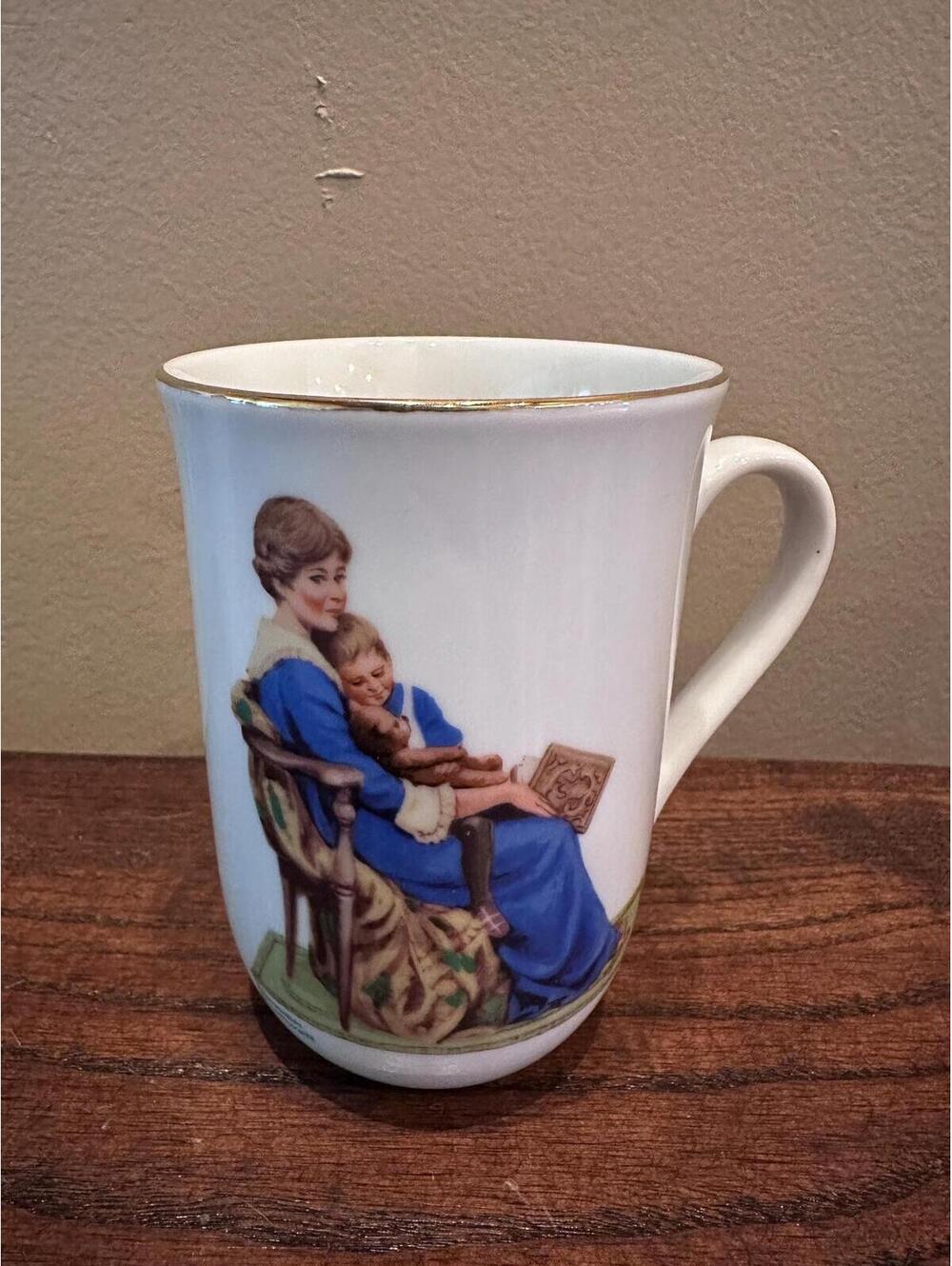 1982 Norman Rockwell Museum Collection Mugs Gold Trim - Bedtime
